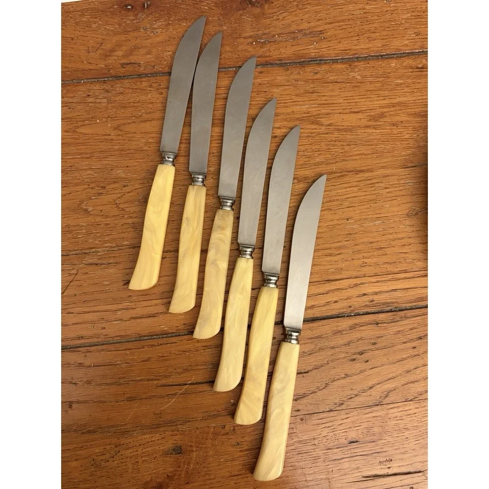Vintage Robeson Steak Knives Cream Butter Swirl Handles Set Of 5